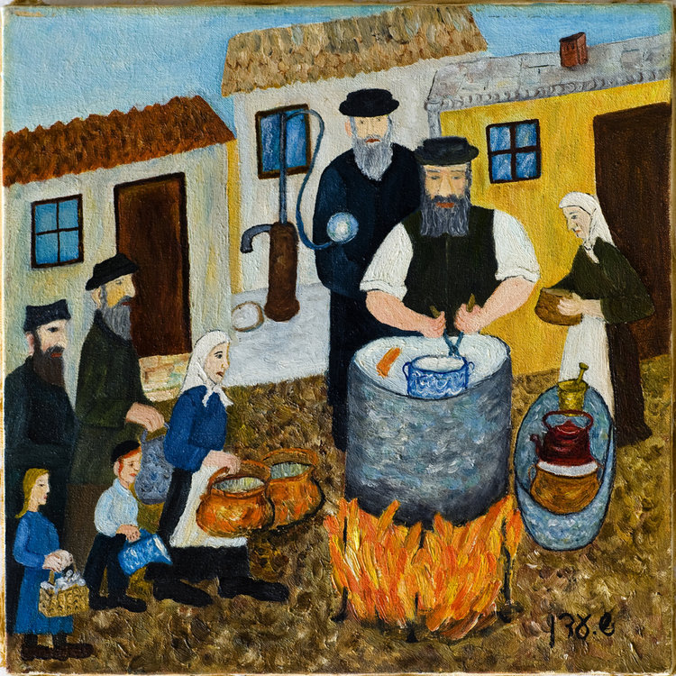 <b>Preparing for Passover</b> - The children are helping with Passover preparations and bringing cutlery and other items for ritual washing.