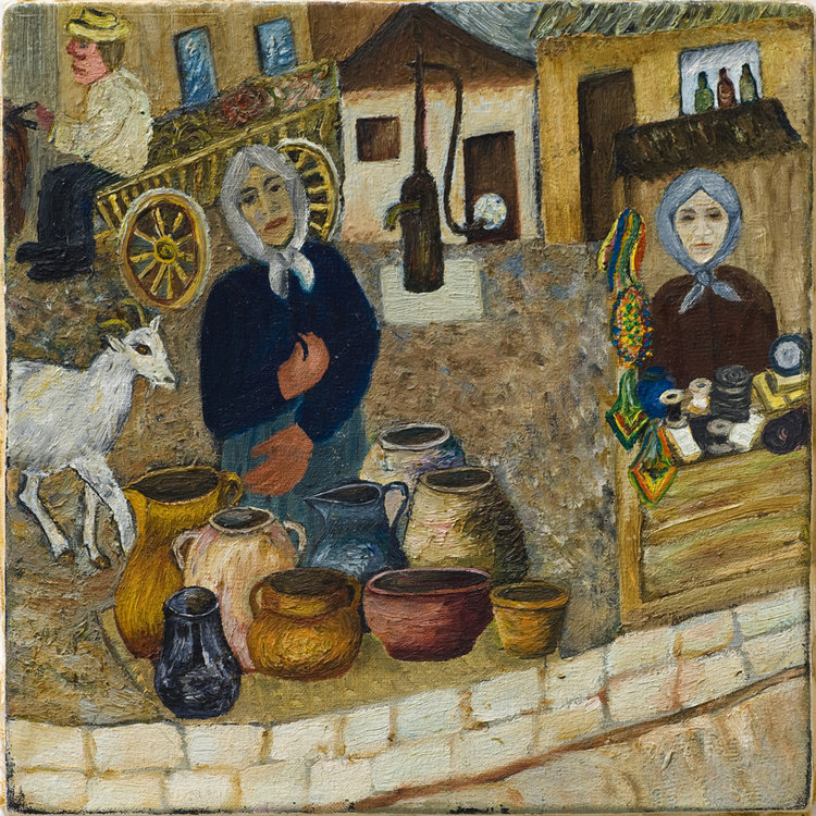 <b>The Crockery Seller</b> - Kreinchi the crockery seller with her devoted companion the goat.