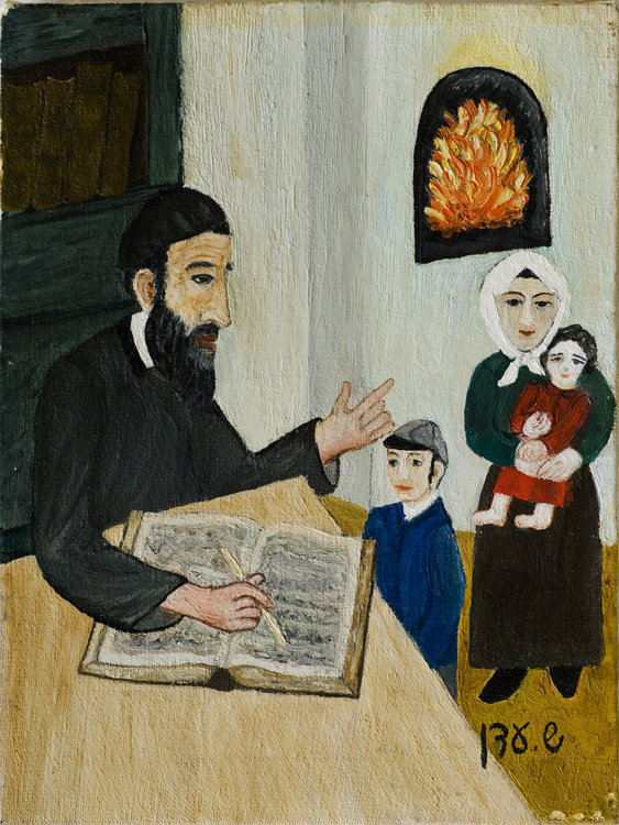 <b>Father examininh his Son</b> - Father examinh his son to see how well he did in the Heyder that week.